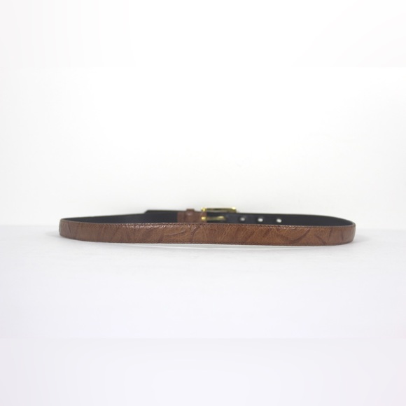 Super Skinny Caramel Brown Leather Belt with Pattern Texture Gold Buckle - Picture 6 of 7